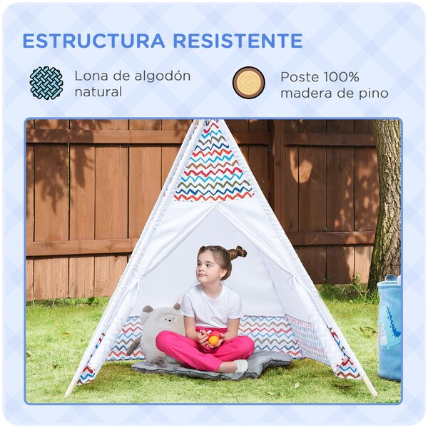 HOMCOM Dětský Teepee Stan pro děti od 3 let - Přenosný Dřevěný Tipi s Okénkem pro Vnitřní a Venkovní Použití 120x120x155 cm Bílý | Aosom