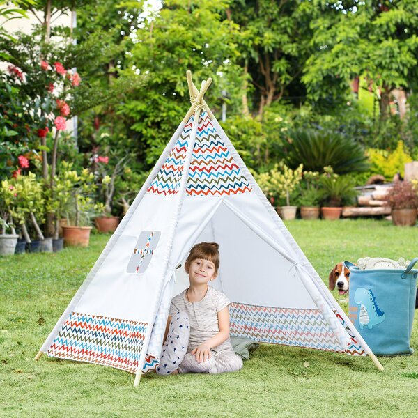 HOMCOM Dětský Teepee Stan pro děti od 3 let - Přenosný Dřevěný Tipi s Okénkem pro Vnitřní a Venkovní Použití 120x120x155 cm Bílý | Aosom