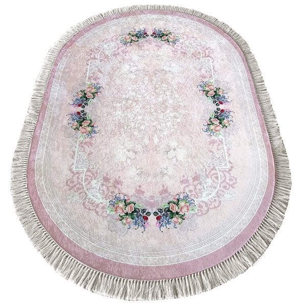 Oválný kusový koberec protiskluzový Horeca 05 Květy růžový Rozměr: 60x100 cm
