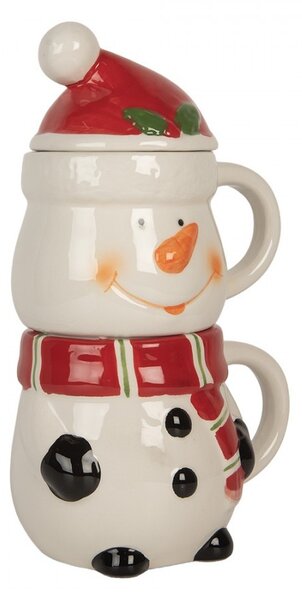 Keramický hrnek sněhulák s víčkem - 13*9*22 cm / 300 ml / 375 ml - Clayre & Eef