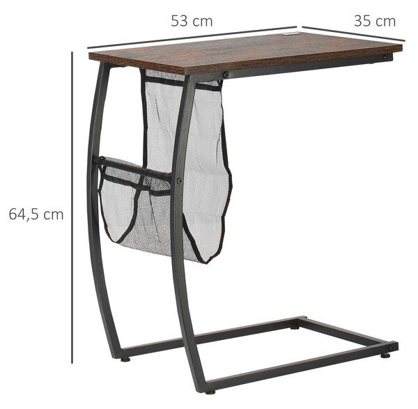 HOMCOM Postranní stolek pro pohovku a postel - Malý C-tvarovaný stolek se zásobní kapsou v industriálním stylu 53x35x64,5 cm Rustikální hnědá | Aosom