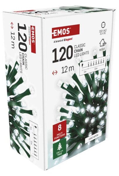EMOS LED vánoční řetěz, 12 m, venkovní i vnitřní, studená bílá, programy, časovač