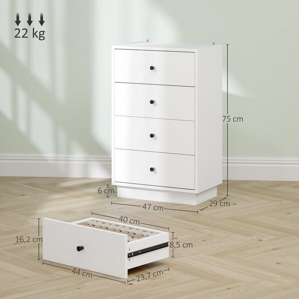 HOMCOM Úzká komoda se 4 šuplíky - Moderní dresser do ložnice 47x29x75 cm Bílá | Aosom