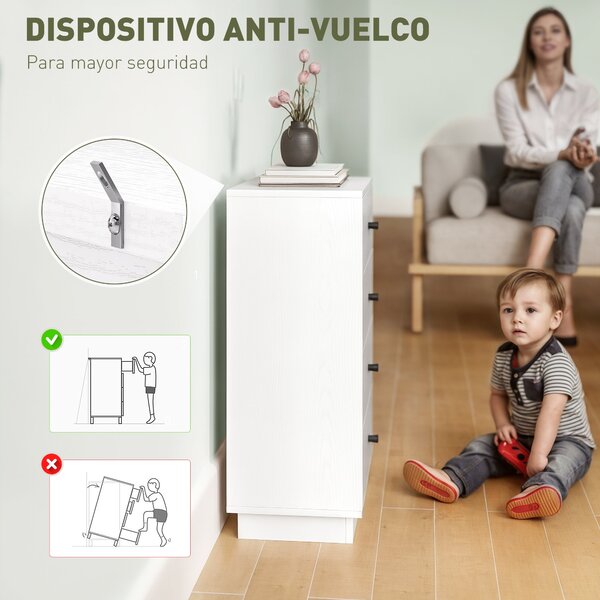HOMCOM Úzká komoda se 4 šuplíky - Moderní dresser do ložnice 47x29x75 cm Bílá | Aosom