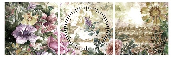 Obraz - Designové květiny (s hodinami) (90x30 cm)