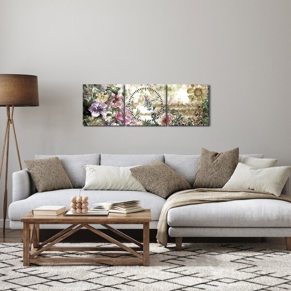 Obraz - Designové květiny (s hodinami) (90x30 cm)