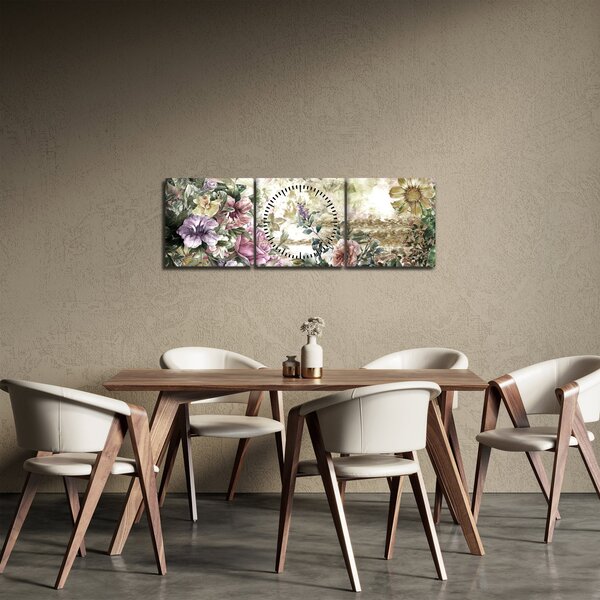 Obraz - Designové květiny (s hodinami) (90x30 cm)