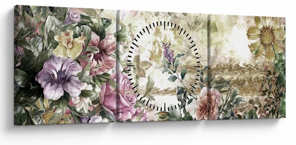 Obraz - Designové květiny (s hodinami) (90x30 cm)
