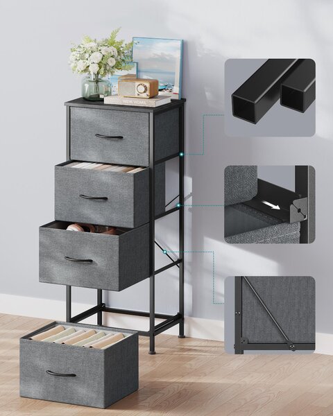 Komoda SONGMICS, skříň, 4 látkové zásuvky, do ložnice, předsíně, obývacího pokoje, šedá