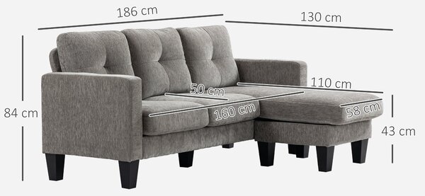 HOMCOM Rohová pohovka ve tvaru L, čalouněná polyestrem, s reversibilním lenoškou a 3 polštáři pro obývací pokoj, nosnost 180 kg, 186x130x84 cm, hnědá