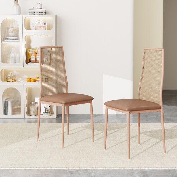 Sada 2 designových jídelních židlí, Imitace kůže, ratanové opěradlo, kovové nohy, hnědá barva, 97,5 x 44 x 43 cm