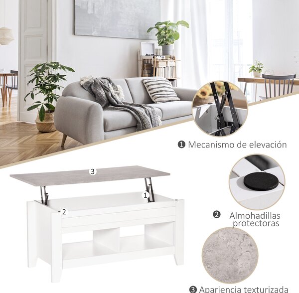 HOMCOM Konferenční stolek s výklopným víkem, 2 otevřené přihrádky a skrytý úložný prostor 105x50x49 cm, bílý s mramorovým efektem | Aosom