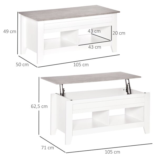 HOMCOM Konferenční stolek s výklopným víkem, 2 otevřené přihrádky a skrytý úložný prostor 105x50x49 cm, bílý s mramorovým efektem | Aosom