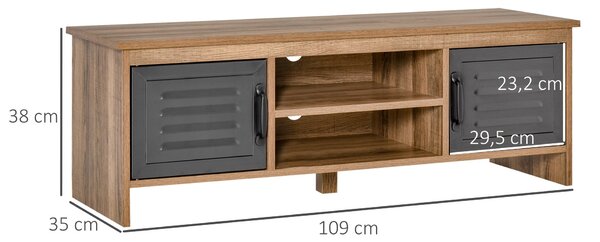 HOMCOM televizní stolek pro TV do 42" s 2 uzavřenými přihrádkami a kovovými dveřmi, 2 otevřenými policemi, moderní nábytek do obývacího pokoje, stolek