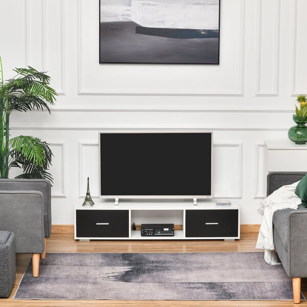 HOMCOM Stojan na TV pro TV až 60" Moderní obývákový televizní stolek se 2 zásuvkami a otevřeným prostorem 140x30x32 cm Bílá a černá | Aosom