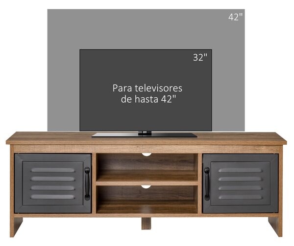 HOMCOM televizní stolek pro TV do 42" s 2 uzavřenými přihrádkami a kovovými dveřmi, 2 otevřenými policemi, moderní nábytek do obývacího pokoje, stolek