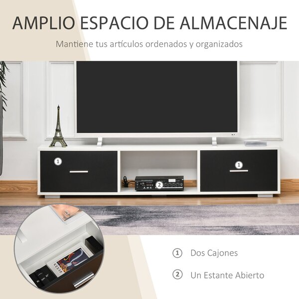 HOMCOM Stojan na TV pro TV až 60" Moderní obývákový televizní stolek se 2 zásuvkami a otevřeným prostorem 140x30x32 cm Bílá a černá | Aosom