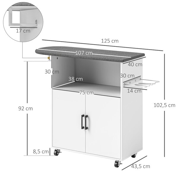 HOMCOM Žehlicí skříň s kolečky, Žehlicí skříň s tyčí na oděvy, otevřenou policí a žehlicím prknem 125x43,5x102,5 cm Bílá | Aosom