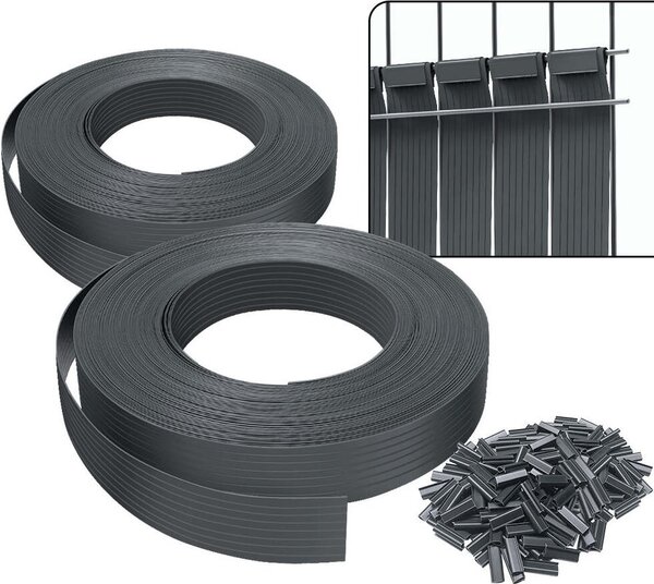 VOUNOT® krycí pásky pro plotové panely s dvojitými tyčemi, 150 m x 4,7 cm, PVC krycí plot se 300 sponkami, šedý