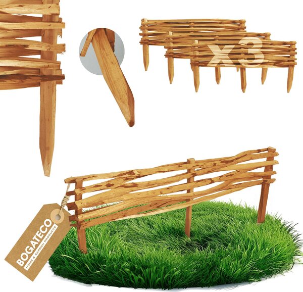 BOGATECO 3x zahradní plot z lískového dřeva 120 cm x 20 cm lemování záhonů lemování trávníku lemování záhonů dřevěné lemování záhonů plot | hnědý