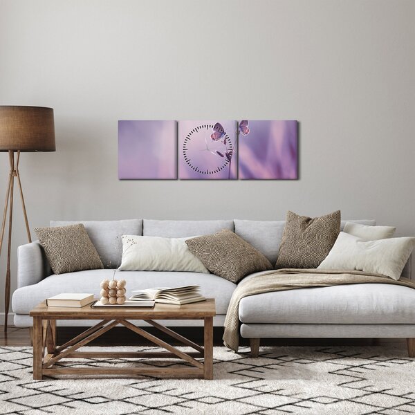 Obraz - Fialoví motýlci (s hodinami) (90x30 cm)
