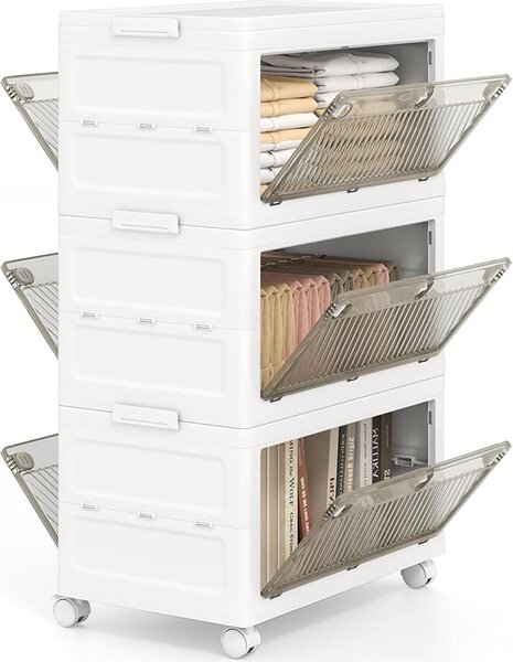 Třípatrové stohovatelné úložné kontejnery, plastové úložné boxy 126 l s kolečky a víkem, skládací šatní skříň, bílá, hnědá barva