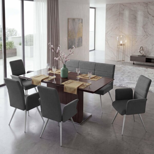 Sada 4x jídelní židle+lavice HWC-G55, lavice kuchyňská židle+opěrka, látka/textil nerezová ocel šedohnědá lavice 160cm