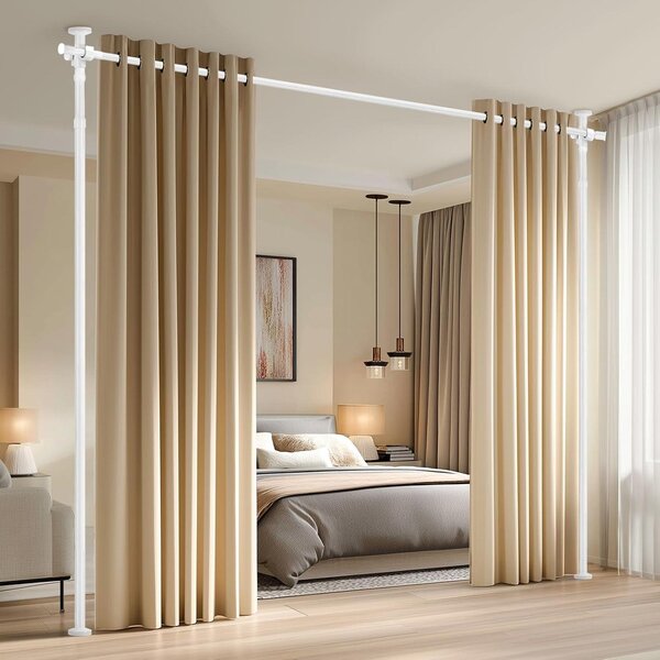 Nastavitelný rozdělovač prostoru bez vrtání pro závěs, od stropu až k podlaze (šířka 89-254 cm) – opakovaně použitelný – bílý