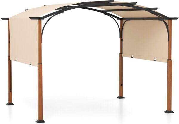 COSTWAY pergola s rozkládací střechou, 3,6x3m pavilon vodotěsný stabilní ziměodolný, zahradní pavilon s robustními kovovými sloupy béžové barvy