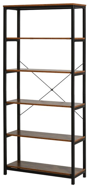 HOMCOM Retro Knihovna v Průmyslovém Stylu s 6 Otevřenými Policemi pro Knihy a Protipádovým Systémem pro Obývací Pokoj a Kancelář 80x30x180 cm v Rustik