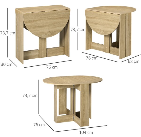 HOMCOM Skládací Jídelní Stůl Kuchyňský Stůl se 2 Sklopnými Křídly Skládací Stůl pro 2-4 Osoby 104x76x73,7 cm Dub | Aosom
