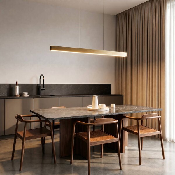 Lucande LED závěsné světlo Mylosh, zlaté, 150 cm, stmívatelné, stmívatelný, Mosaz / zlato, Obývací pokoj / jídelna, Hliník, Moderní