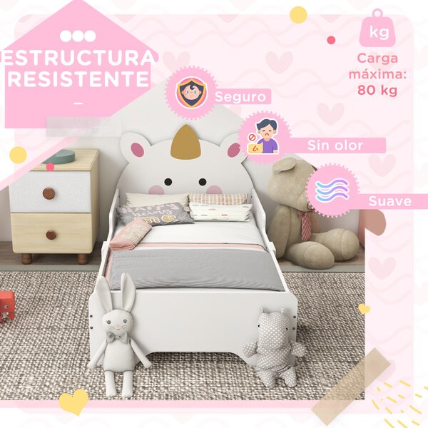 Dětská postel ZONEKIZ pro děti 3-6 let 143x74x67 cm dřevěná postel ve tvaru jednorožce moderní nábytek do dětského pokoje nosnost 80 kg bílá | Aosom