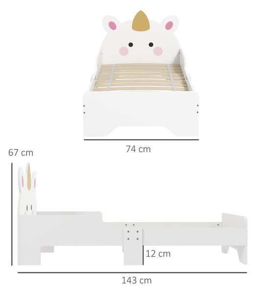 Dětská postel ZONEKIZ pro děti 3-6 let 143x74x67 cm dřevěná postel ve tvaru jednorožce moderní nábytek do dětského pokoje nosnost 80 kg bílá | Aosom