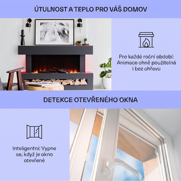 Klarstein Smart Dekorativní krb s LED plameny, elektrický krb s ohřívačem, 2000W elektrický krb, energeticky úsporný elektrický krb, nástěnný krb s dálkovým ovládáním a časovačem, elektrické krby s MDF krytem