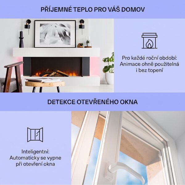 Klarstein Smart Dekorativní krb s LED plameny, elektrický krb s ohřívačem, 2000W elektrický krb, energeticky úsporný elektrický krb, nástěnný krb s dálkovým ovládáním a časovačem, elektrické krby s MDF krytem