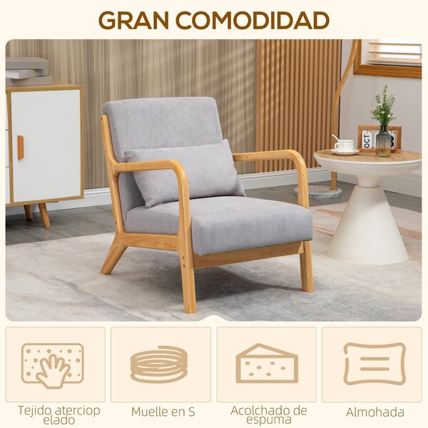 HOMCOM Lounge Křeslo Nordic Křeslo Obývací Pokoj S Rukama Polštář a Rám z Kaučukovníku pro Ložnici Nosnost 120 kg 61x78x76 cm Šedé | Aosom