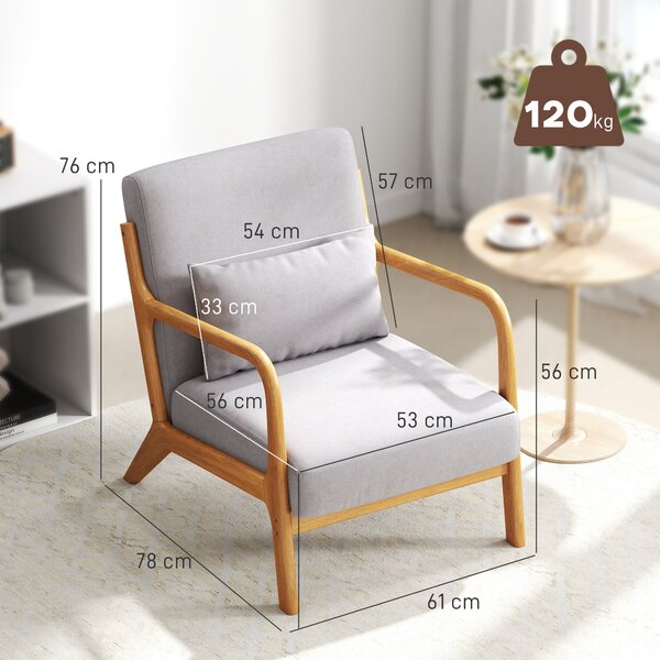 HOMCOM Lounge Křeslo Nordic Křeslo Obývací Pokoj S Rukama Polštář a Rám z Kaučukovníku pro Ložnici Nosnost 120 kg 61x78x76 cm Šedé | Aosom