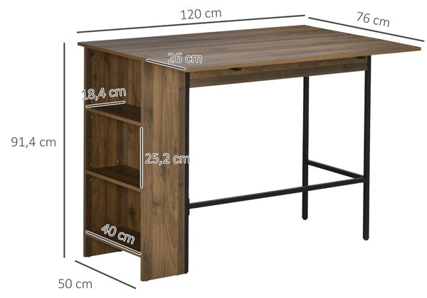 HOMCOM Rozkládací barový stůl Bistro stůl s 3 úložnými policemi a kovovým rámem do kuchyně 120x76x91,4 cm Hnědá | Aosom
