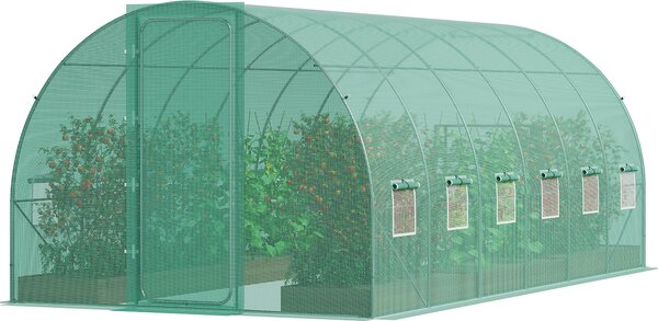 SucceBuy tunelový skleník, 6,8 x 2,3 x 2,3 m, fóliový tunel s pozinkovaným ocelovým rámem, zeleným PE krytem, křídlovými dveřmi a 12 okny, odolný pro venkovní rostliny