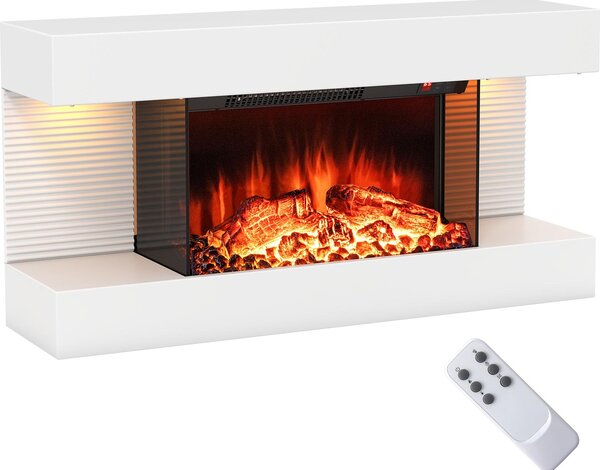 Elektrický krb COSTWAY 1500W/5000BTU, plovoucí nástěnný krb s vytápěním, boční LED světla, dálkové ovládání, 12 barev plamene, stojící krb 17 ℃-28 ℃ bílý