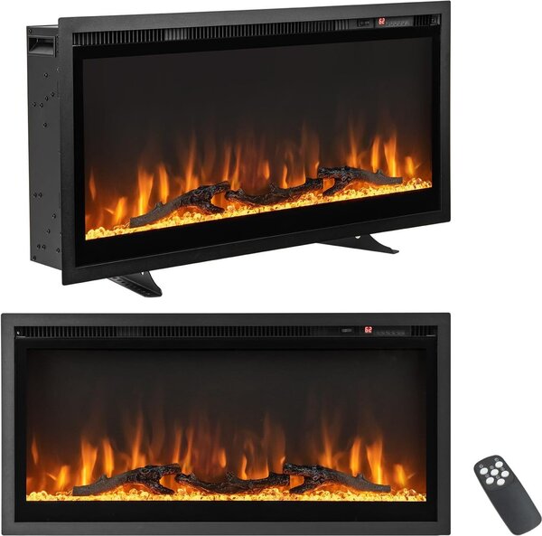 COSTWAY 36" elektrický krb 750W/1500W, ohřívač krbu s dotykovým displejem a dálkovým ovládáním a 8H časovačem, nástěnný elektrický krb s 9 barvami a 5 úrovněmi jasu, 91,5x45x14cm