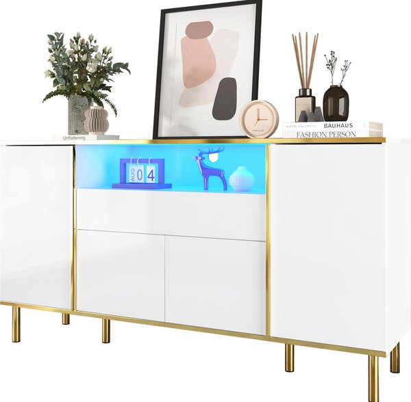 Příborník Sweiko, bílá komoda s 1 zásuvkou ve vysokém lesku, komoda, komoda do ložnice, bílá komoda ve vysokém lesku - Š150/T40/H80cm