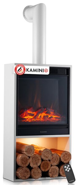 KAMINIO Elektrický krb HUGO s kouřovodem – Elektrický krb s topením, 3D efektem plamenů, LED ambientním osvětlením, přihrádkou na dřevo, dálkovým ovládáním – bílý