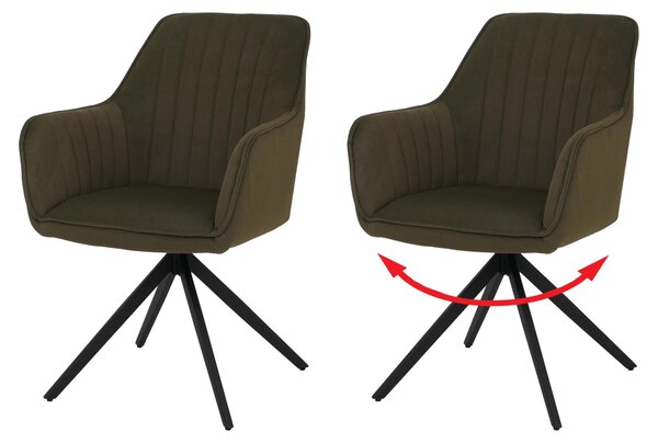 Sada 2 jídelních židlí HWC-L79, kuchyňská židle s opěrkou, židle s područkami, otočná, automatická poloha, látka/textil zelená