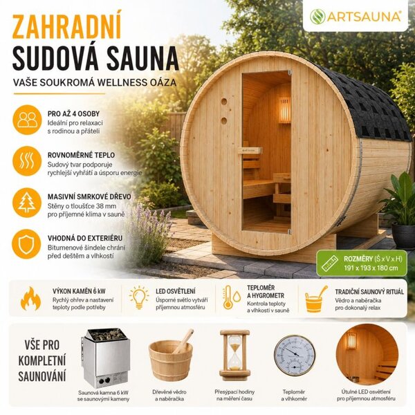 Zahradní sudová sauna pro 4 osoby s kamny 6 kW