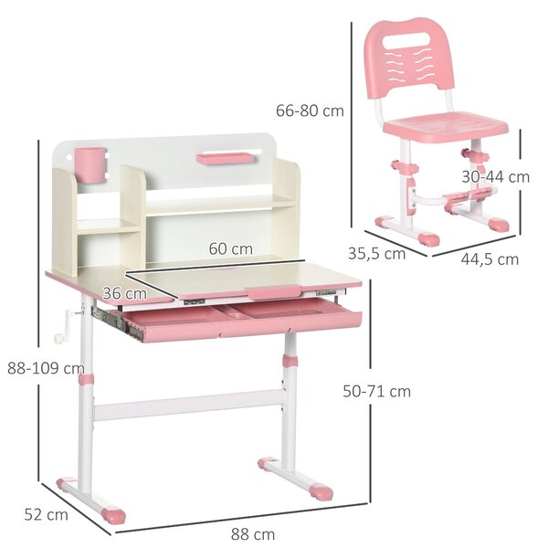 HOMCOM Dětský stůl a židle pro děti 3+ let S nastavitelnou výškou a sklopným stolním povrchem, zásuvkou a knihovnou 80x52x88-109 cm Růžový | Aosom