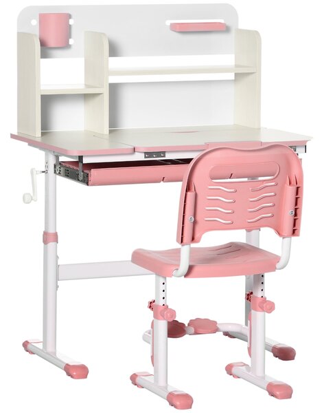 HOMCOM Dětský stůl a židle pro děti 3+ let S nastavitelnou výškou a sklopným stolním povrchem, zásuvkou a knihovnou 80x52x88-109 cm Růžový | Aosom