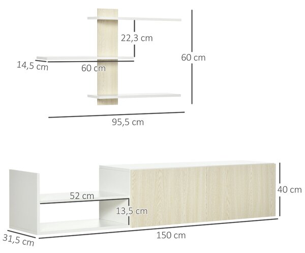 HOMCOM Televizní stolek do obývacího pokoje s televizním stolkem 150x31,5x40 cm a nástěnnou policí 95,5x16x60 cm Moderní přírodní styl | Aosom