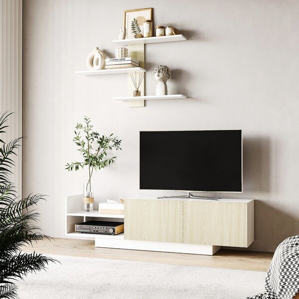 HOMCOM Televizní stolek do obývacího pokoje s televizním stolkem 150x31,5x40 cm a nástěnnou policí 95,5x16x60 cm Moderní přírodní styl | Aosom